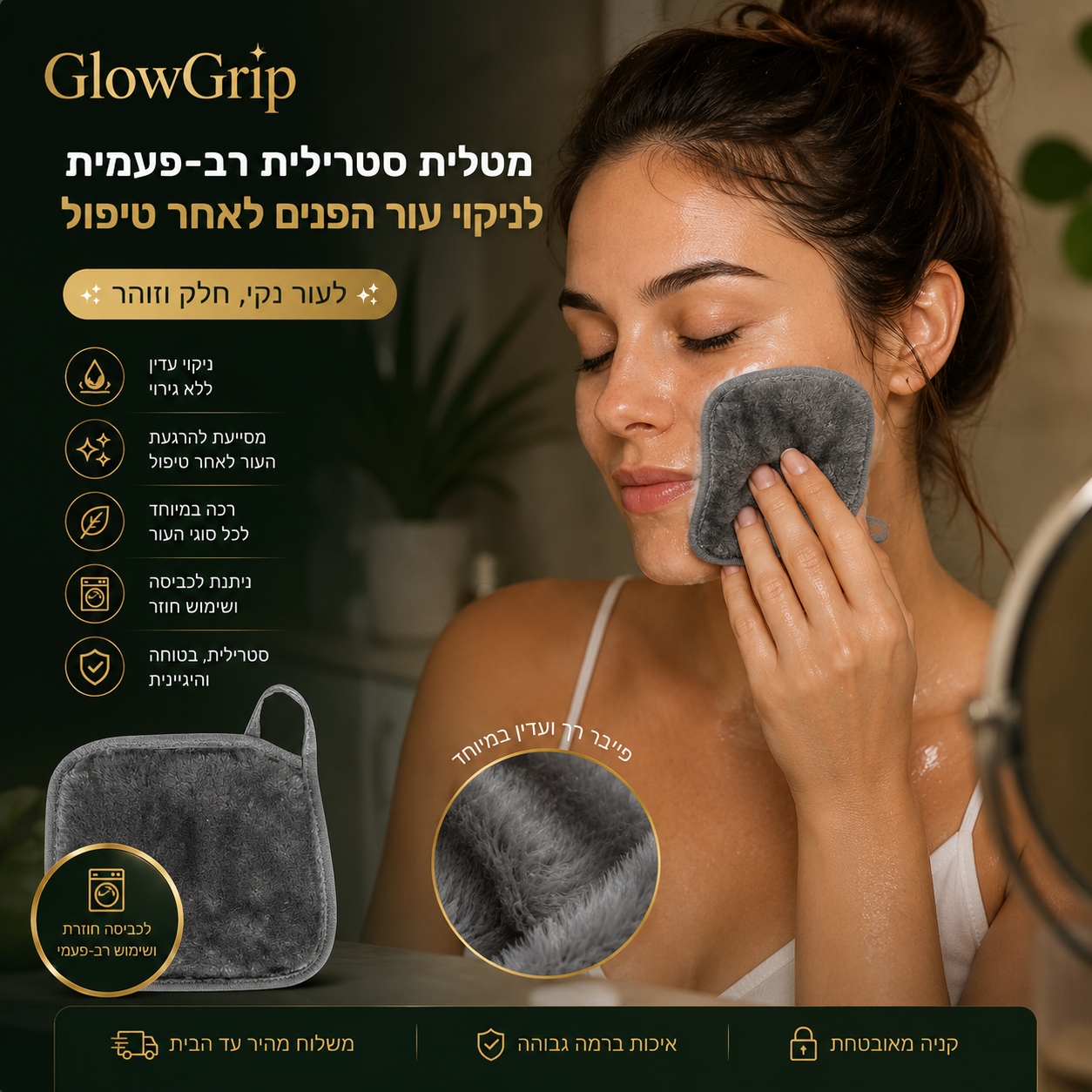 ™GlowGrip - מטליות ניקוי סטרילית לעור הפנים לאחר הטיפול